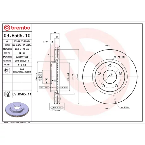 Brzdový kotúč BREMBO 09.B565.11