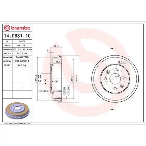 Brzdový bubon BREMBO 14.D631.10