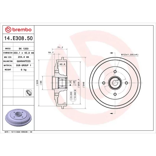 Brzdový bubon BREMBO 14.E308.50