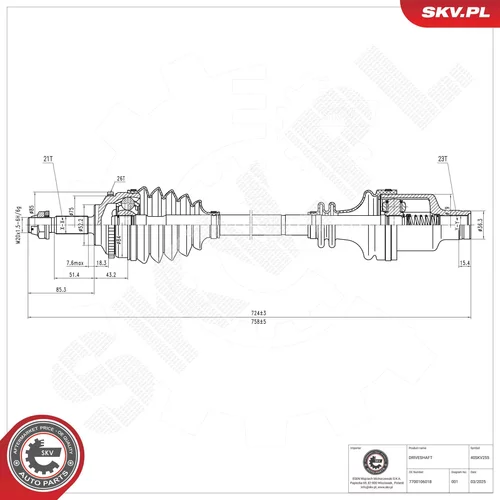 Hnací hriadeľ ESEN SKV 40SKV255