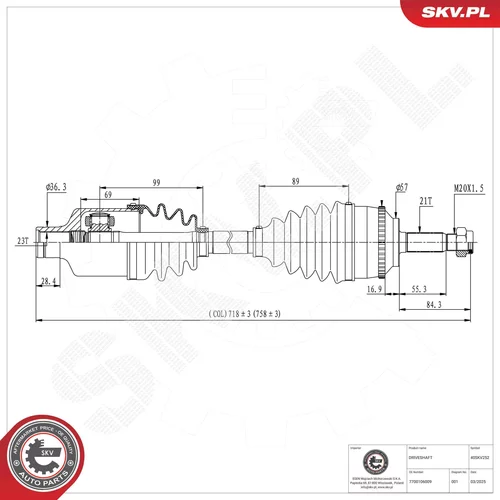 Hnací hriadeľ ESEN SKV 40SKV252