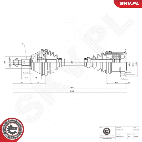 Hnací hriadeľ ESEN SKV 40SKV279