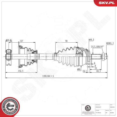 Hnací hriadeľ ESEN SKV 40SKV249