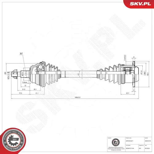 Hnací hriadeľ ESEN SKV 40SKV278