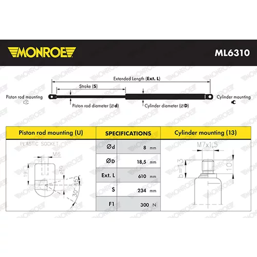 Plynová vzpera, kapota motora ML6310 /MONROE/ - obr. 2