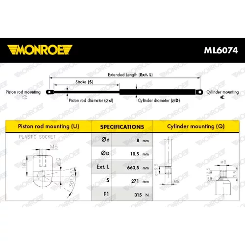 Plynová vzpera, kapota motora ML6074 /MONROE/ - obr. 6