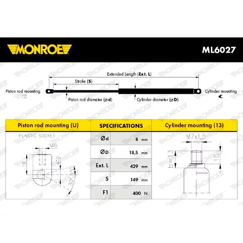 Plynová vzpera, kapota motora ML6027 /MONROE/ - obr. 2