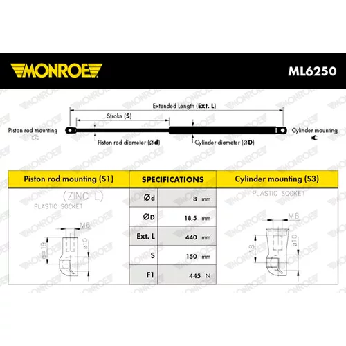 Plynová vzpera, kapota motora ML6250 /MONROE/ - obr. 6