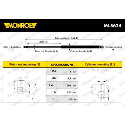 Plynová vzpera, kapota motora ML5624 /MONROE/ - obr. 2