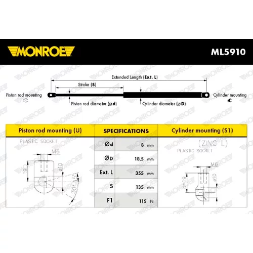 Plynová vzpera pre zadné sklo ML5910 /MONROE/ - obr. 2
