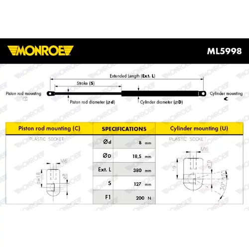 Plynová vzpera pre zadné sklo ML5998 /MONROE/ - obr. 1