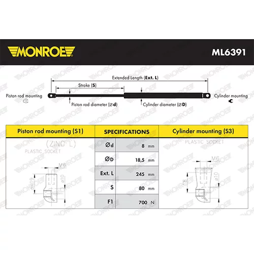 Plynová vzpera, kapota motora ML6391 /MONROE/ - obr. 2