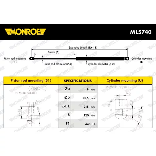 Plynová vzpera, kapota motora ML5740 /MONROE/ - obr. 6