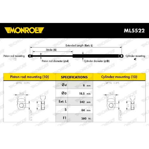 Plynová vzpera, kapota motora ML5522 /MONROE/ - obr. 7