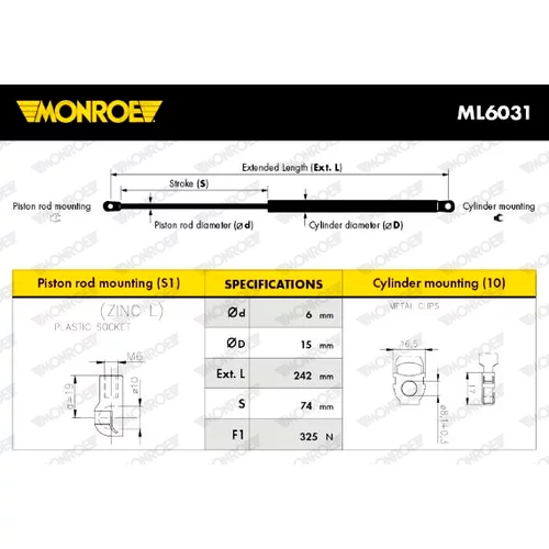 Plynová vzpera, kapota motora ML6031 /MONROE/ - obr. 2