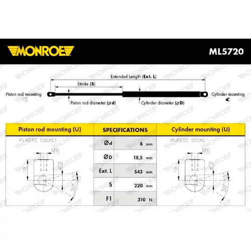 Plynová vzpera, kapota motora ML5720 /MONROE/ - obr. 7