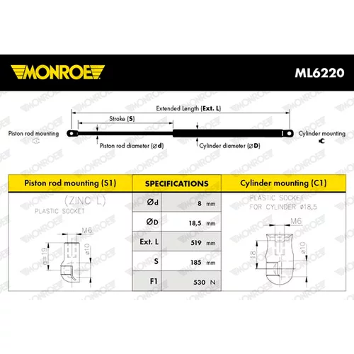 Pneumatická pružina, Batožinový/nákladný priestor ML6220 /MONROE/ - obr. 1