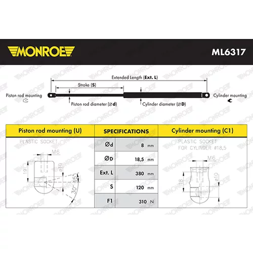 Plynová vzpera, kapota motora ML6317 /MONROE/ - obr. 3