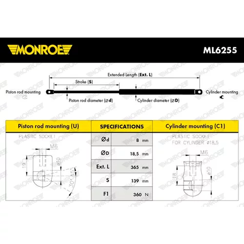 Plynová vzpera, kapota motora ML6255 /MONROE/ - obr. 3
