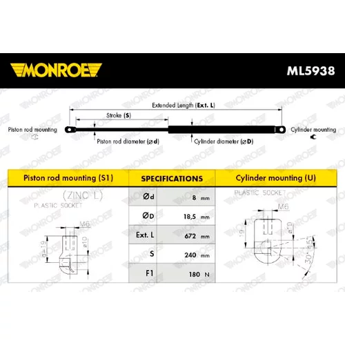 Plynová vzpera, kapota motora ML5938 /MONROE/ - obr. 2