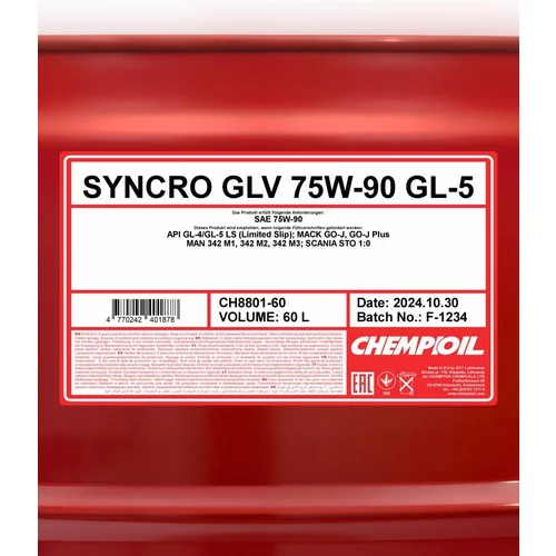 Prevodový olej CHEMPIOIL SYNCRO GLV GL-5 75W-90 60L (SCT Mannol) - obr. 1