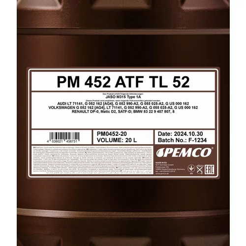 Prevodový olej PEMCO PM 452 ATF TL 52 20L (SCT Mannol) - obr. 1
