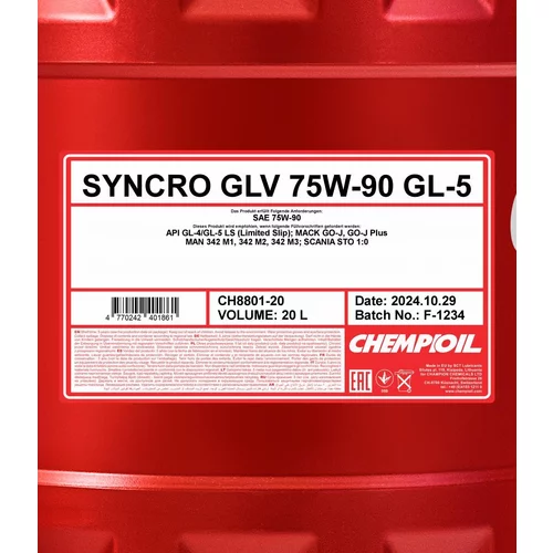 Prevodový olej CHEMPIOIL SYNCRO GLV GL-5 75W-90 20L (SCT Mannol) - obr. 1