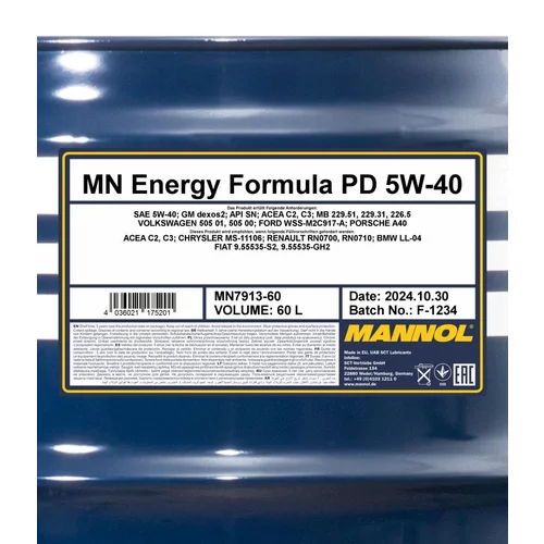 Motorový olej MANNOL 7913 ENERGY FORMULA PD 5W-40 60L (SCT Mannol) - obr. 1