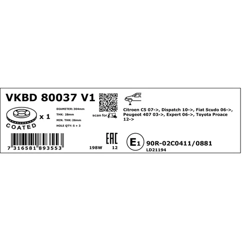 Brzdový kotúč VKBD 80037 V1 /SKF/ - obr. 3
