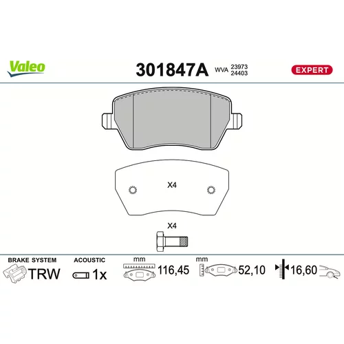 Sada brzdových platničiek kotúčovej brzdy VALEO 301847A