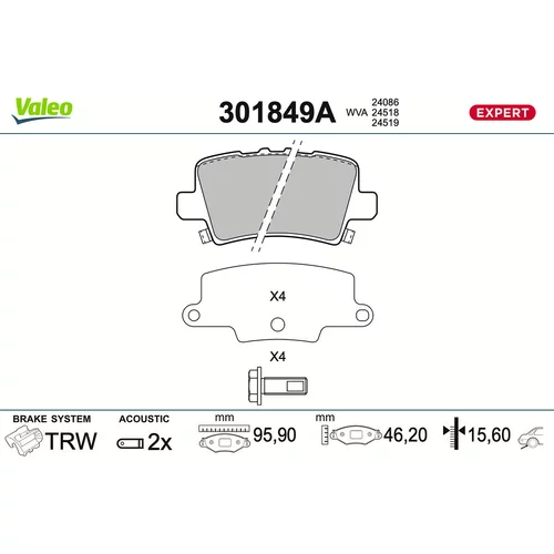 Sada brzdových platničiek kotúčovej brzdy VALEO 301849A