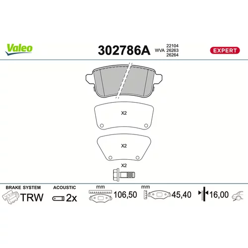Sada brzdových platničiek kotúčovej brzdy VALEO 302786A