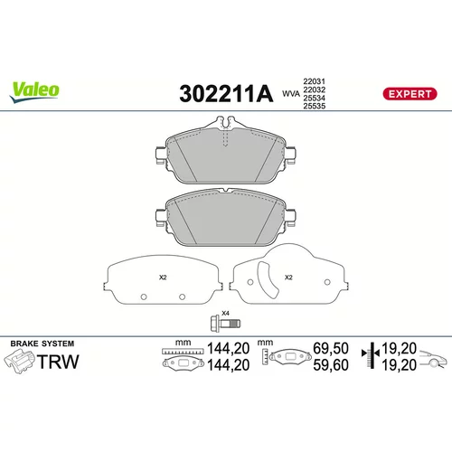Sada brzdových platničiek kotúčovej brzdy VALEO 302211A