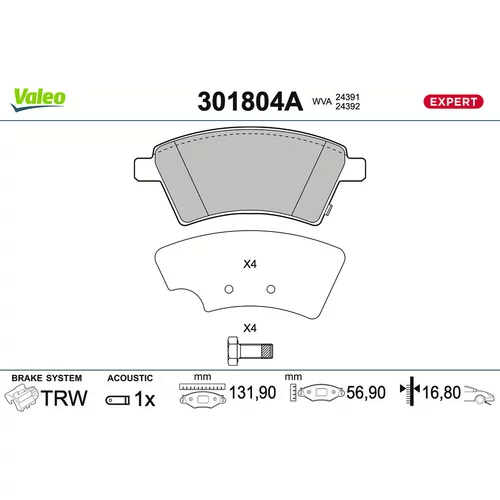 Sada brzdových platničiek kotúčovej brzdy VALEO 301804A