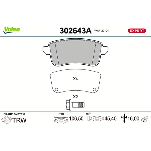 Sada brzdových platničiek kotúčovej brzdy VALEO 302643A