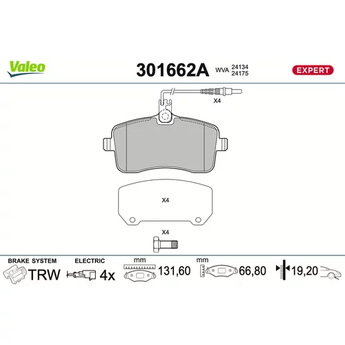 Sada brzdových platničiek kotúčovej brzdy VALEO 301662A