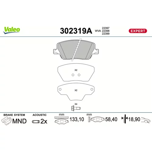 Sada brzdových platničiek kotúčovej brzdy VALEO 302319A