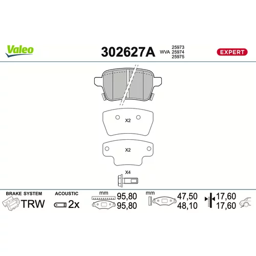 Sada brzdových platničiek kotúčovej brzdy VALEO 302627A