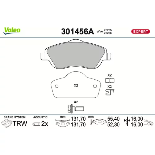 Sada brzdových platničiek kotúčovej brzdy VALEO 301456A