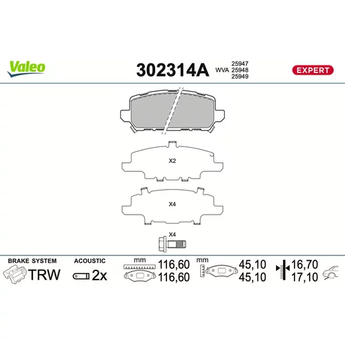 Sada brzdových platničiek kotúčovej brzdy VALEO 302314A