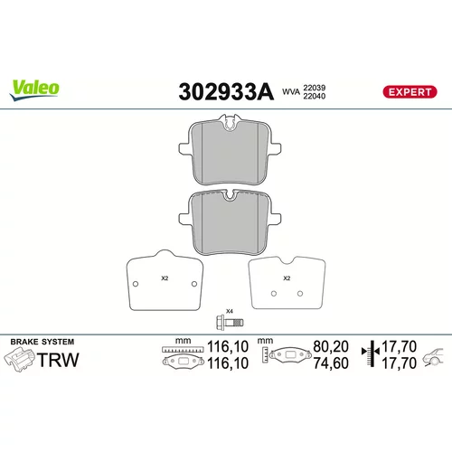 Sada brzdových platničiek kotúčovej brzdy VALEO 302933A