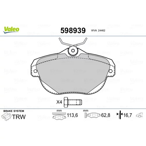 Sada brzdových platničiek kotúčovej brzdy VALEO 598939
