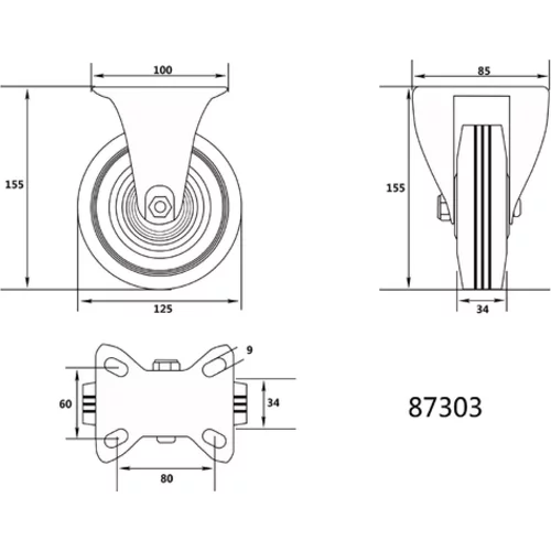 KOLESO PEVNÉ S ČIERNOU GUMOU 125MM /VOREL/ - obr. 1