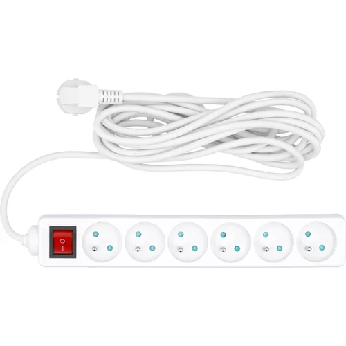 ELEKTRICKÝ PREDLŽOVACÍ KÁBEL, BIELY, 6 ZÁSUVEK S UZEMNENÍM, 5M S VYPÍNAČOM
