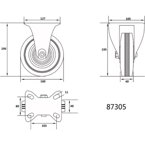 KOLESO PEVNÉ S ČIERNOU GUMOU 160MM /VOREL/ - obr. 1