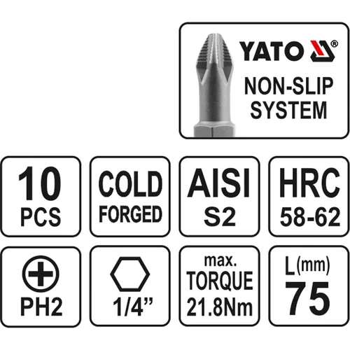 BIT sada 10 ks PH2x75 /YATO/ - obr. 2