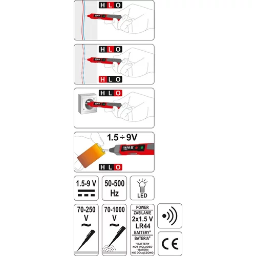 Skúšačka napätia 70-1000V ~, 1,5-9V = /YATO/ - obr. 2