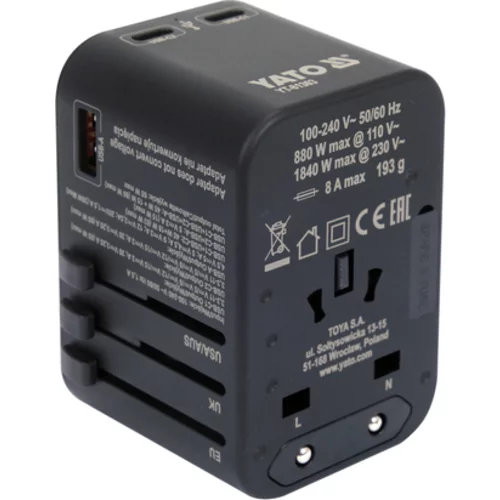 CESTOVNÝ ADAPTÉR PRE VYŠE 150 KRAJÍN USB-C PD 65W /YATO/ - obr. 1
