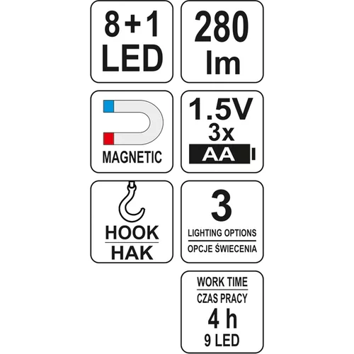 YATO Lampa montážna 8+1 LED, bezprívodová, 1,5V 3x AA (YATO náradie) - obr. 6