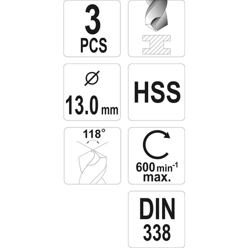 Vrták na kov 13,0 mm HSS 3 ks /YATO/ - obr. 2